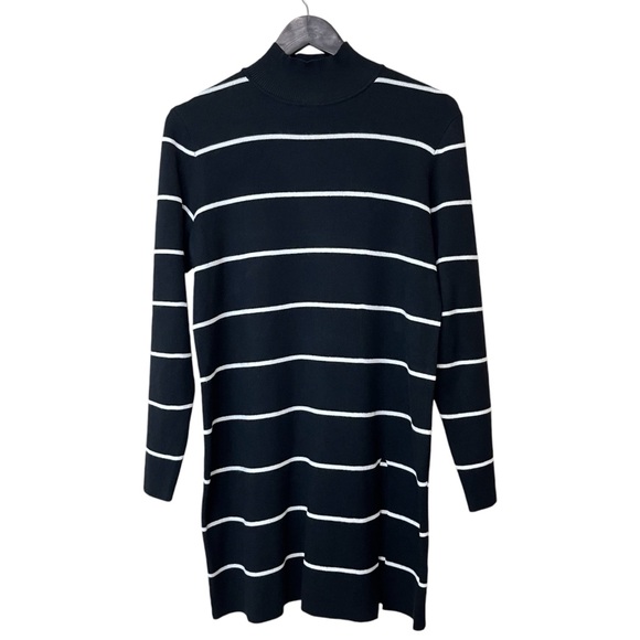 Cable & Gage Tunic Length Mock Neck Sweater - Black and White Stripe - Picture 1 of 12